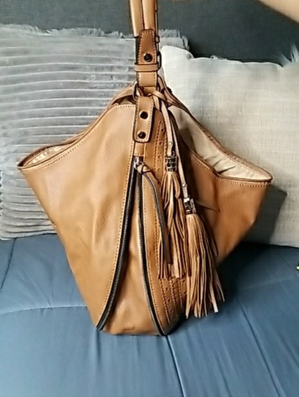 Macy's Large Brown Leather Shoulder Bag with Tassel - Picture 12 of 16